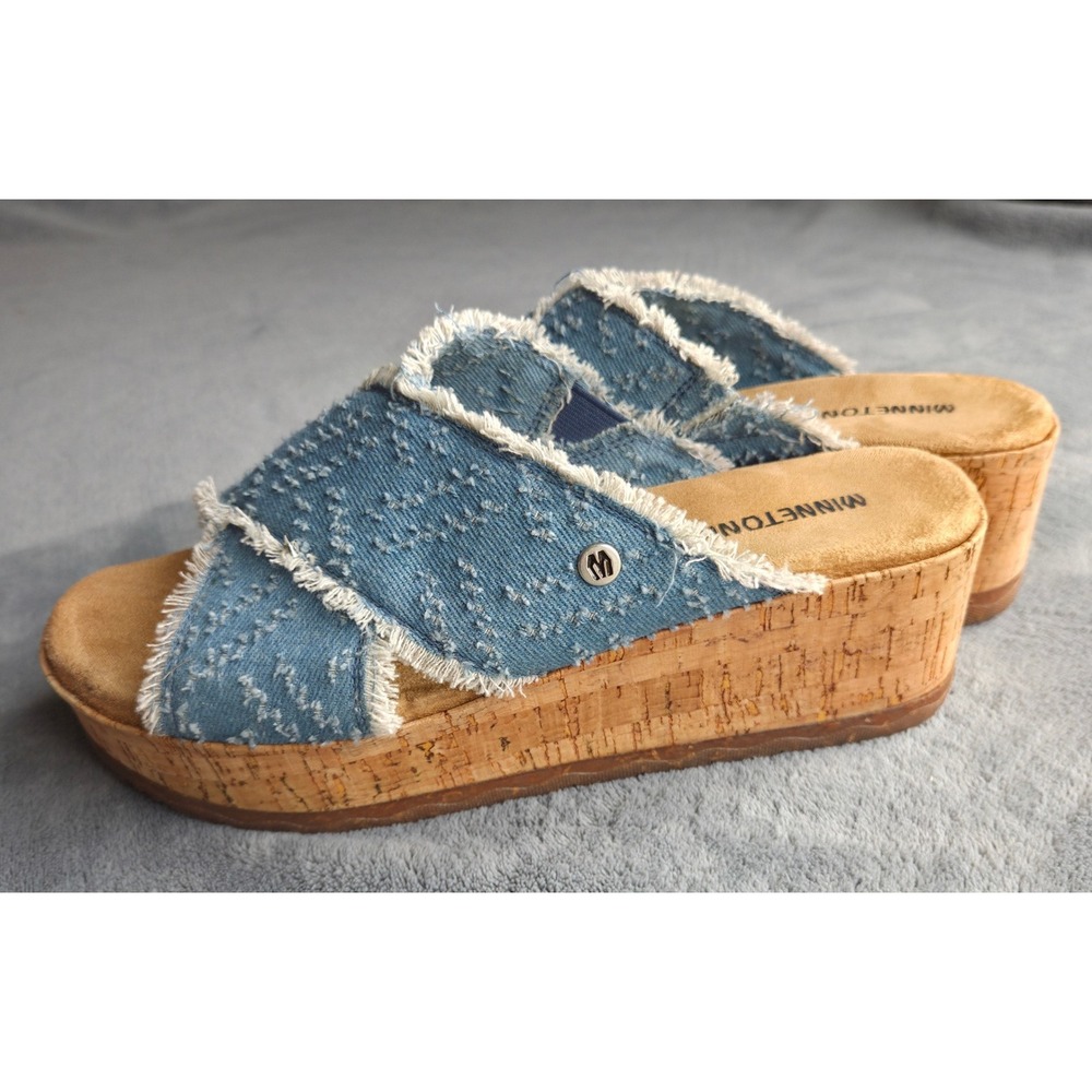 Minnetonka Posey Distressed Denim Crossband Wedge Sandals Cork Platform Size 7/8